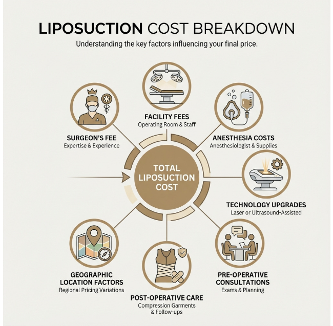Infographic titled "Liposuction Cost Breakdown" showing the factors that influence total cost, including surgeon's fee, facility fees, anesthesia, technology upgrades, pre-operative consultations, geographic location, and post-operative care