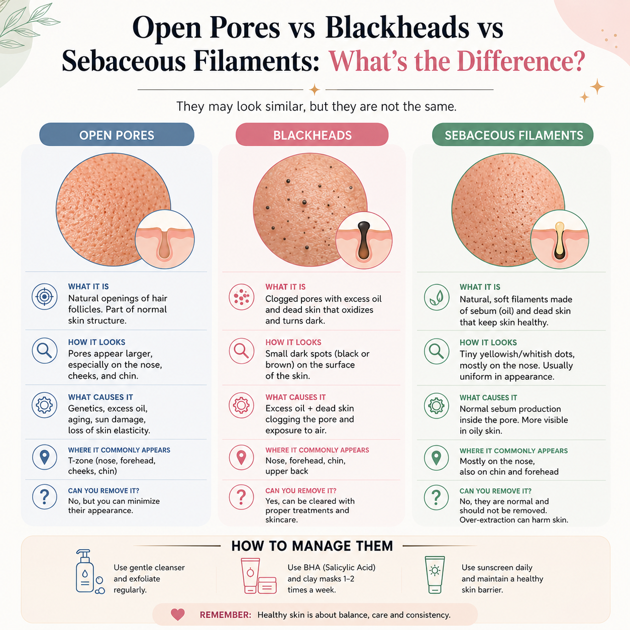 difference between Open Pores, Blackheads and Sebaceous Filaments